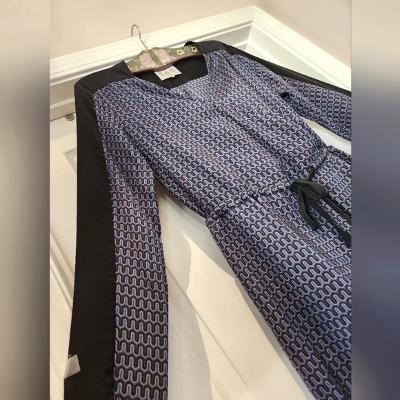 SEA New York SILK Cross Over Neck Tie Drawstring Waist LS Blue Black Dress EUC 6 - Picture 7 of 16